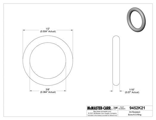 Technical drawing of Oil-Resistant Buna-N O-Ring, 1/16 Fractional Width, Dash Number 012.
